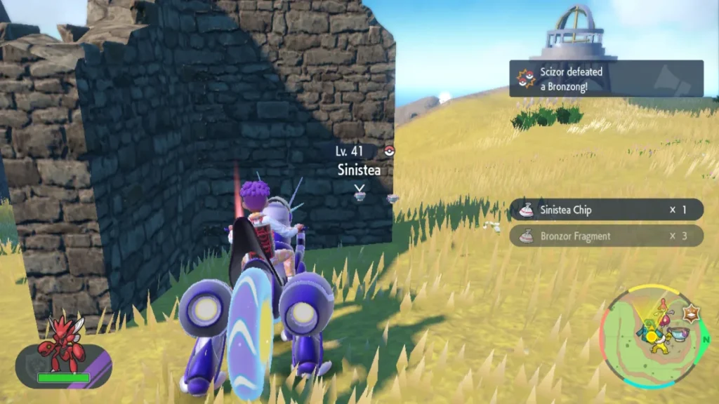 Jogador explorando as ruínas de Alfornada em Pokémon Violet, local onde Sinistea aparece com mais frequência