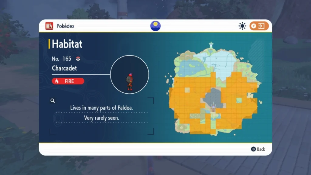 Mapa de Paldea mostrando uma das áreas de spawn de Charcadet