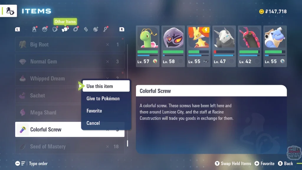 Colorful Screw na satchel em Pokémon Legends Z-A